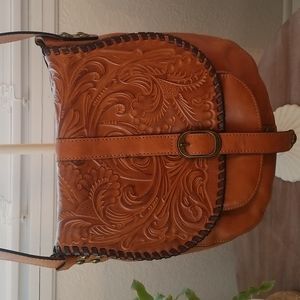 Patricia Nash tooled leather saddle bag